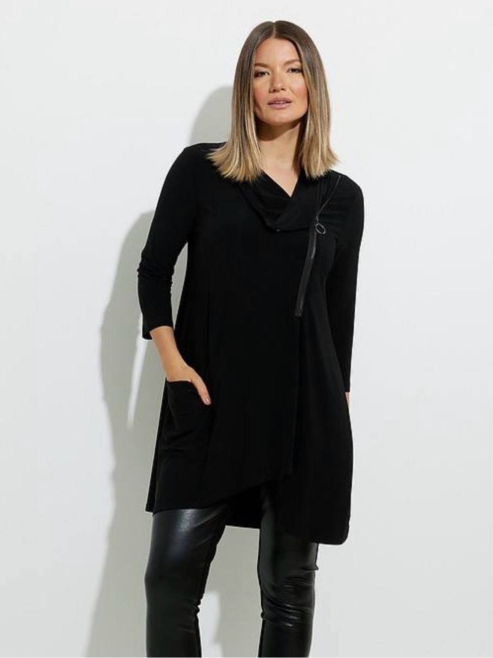 Joseph Ribkoff Black Cowl-Neck Tunic with Zipper Detail